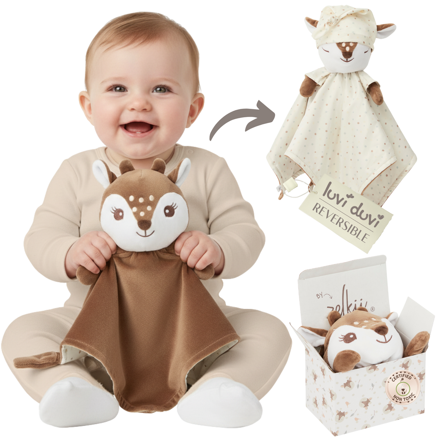 Smiling baby holding a soft Zelkii fawn LuviDuvi lovey, with images showing its reversible striped side and its Zelkii gift box.