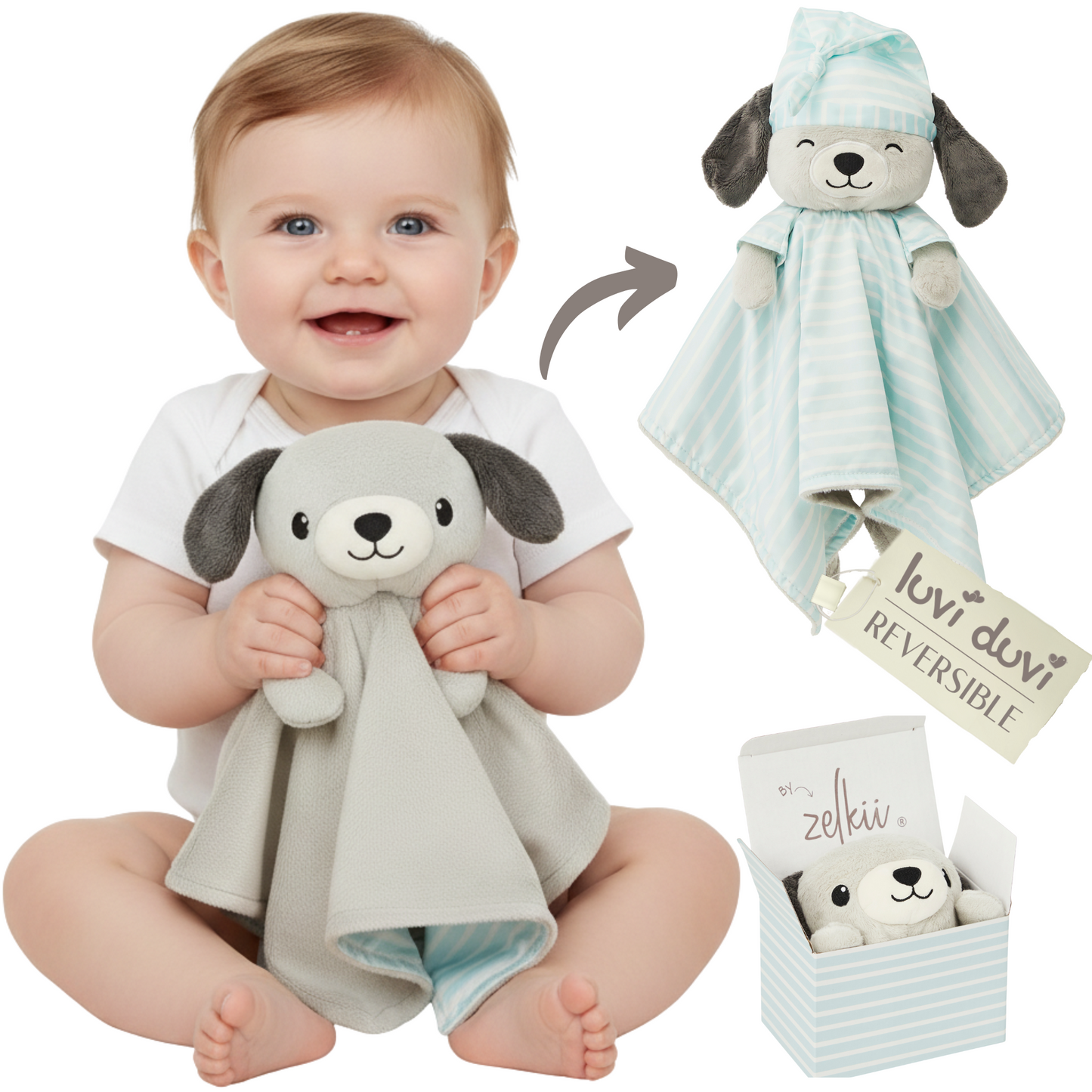 Smiling baby holding a soft Zelkii puppy LuviDuvi lovey, with images showing its reversible striped side and its Zelkii gift box.