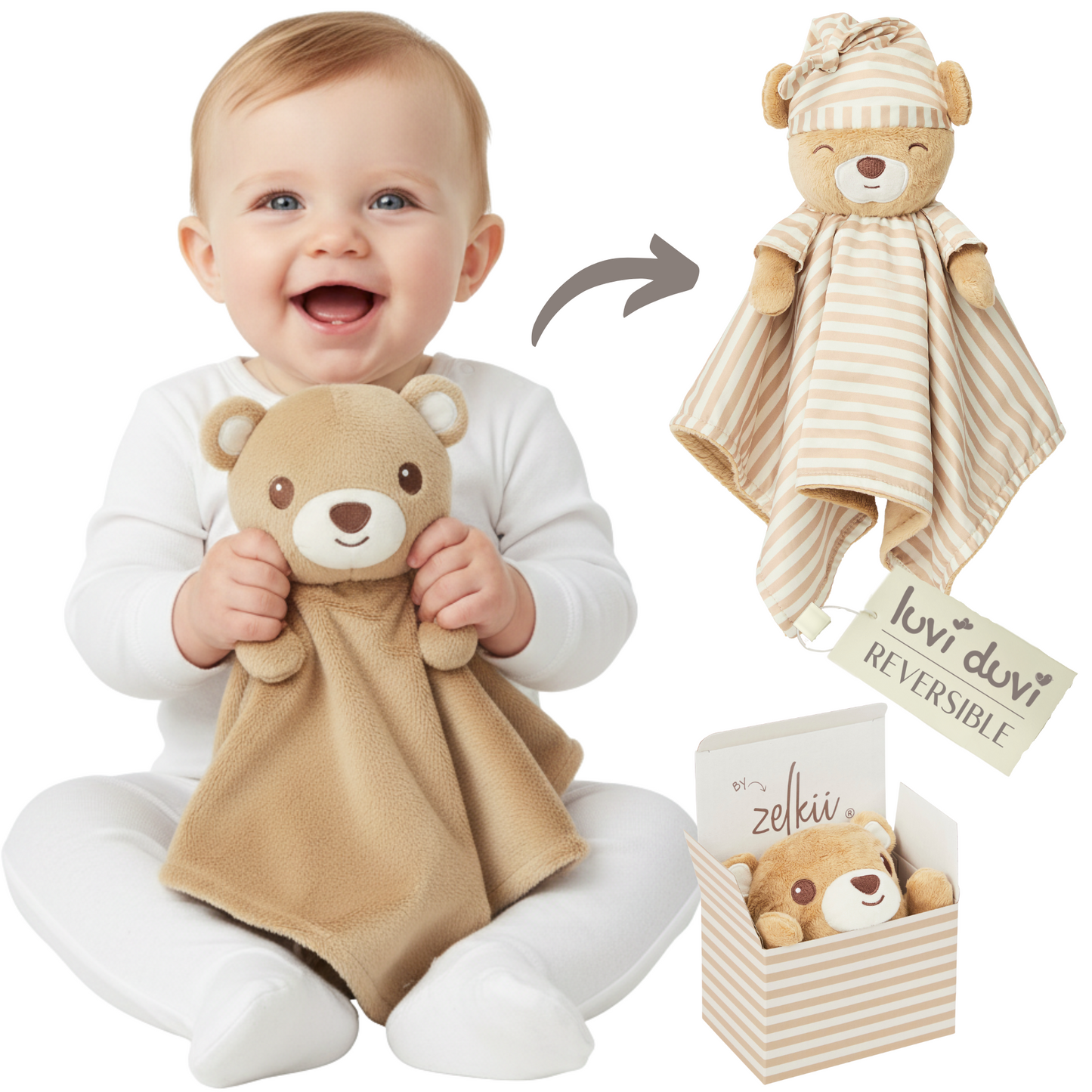 Smiling baby holding a soft Zelkii teddy bear LuviDuvi lovey, with images showing its reversible striped side and its Zelkii gift box