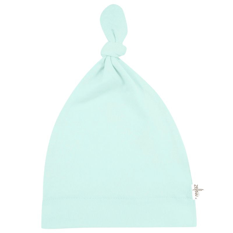 Zelkii light blue coloured bamboo baby beanie with top knot