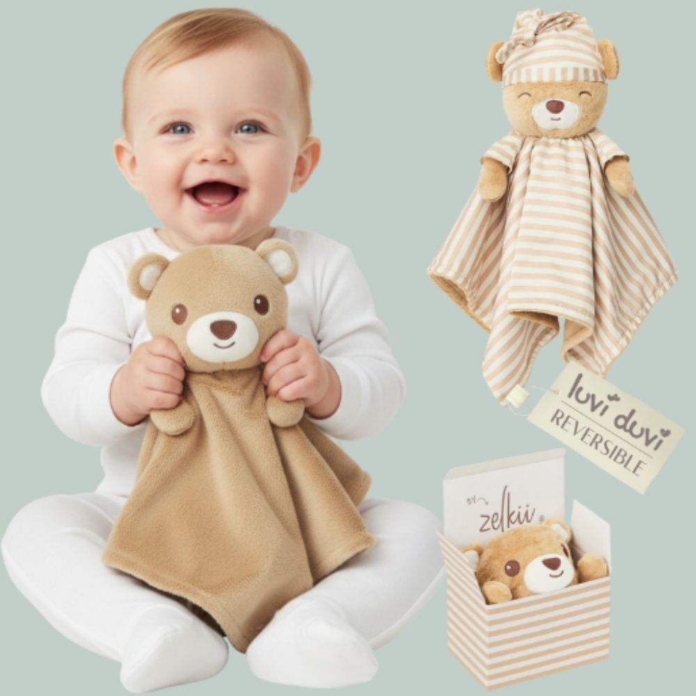 Smiling baby holding a soft Zelkii teddy bear LuviDuvi lovey, with images showing its reversible 'asleep' side and its Zelkii gift box.