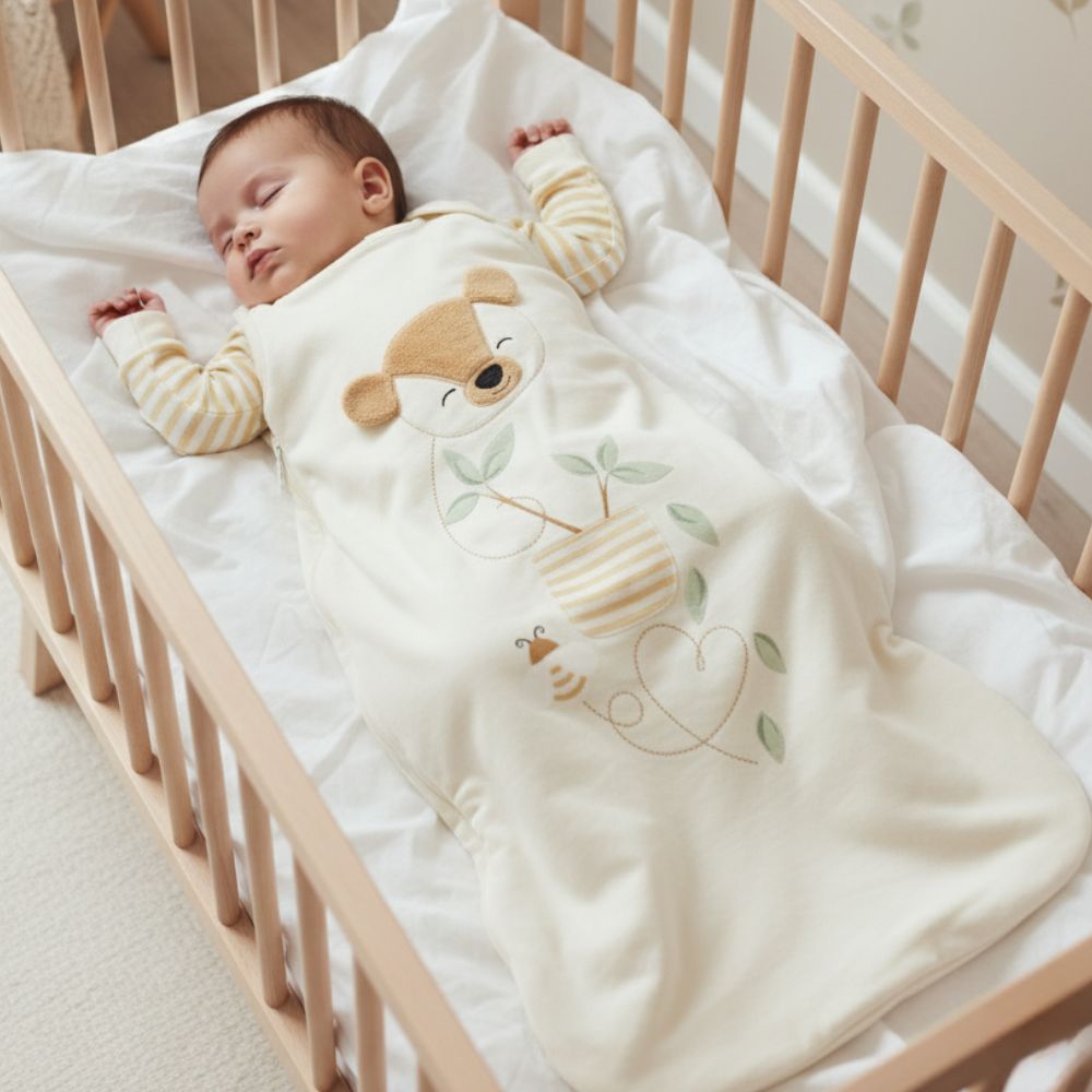 A baby sleeping peacefully in a wooden crib, wearing a Zelkii cream teddy bear bamboo sleep sack.