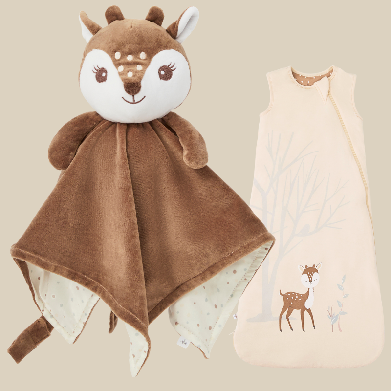 An image of the Zelkii Fawn Collection: on the left is the 'awake' brown fawn LuviDuvi lovey, and on the right is the cream bamboo sleep sack with a fawn and tree design.