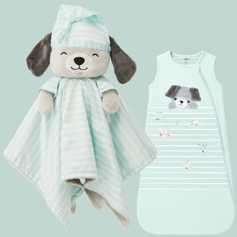 An image of the Zelkii puppy Collection: on the left is the 'asleep' blue puppy LuviDuvi lovey, and on the right is the bamboo sleep sack with a puppy and bird design.