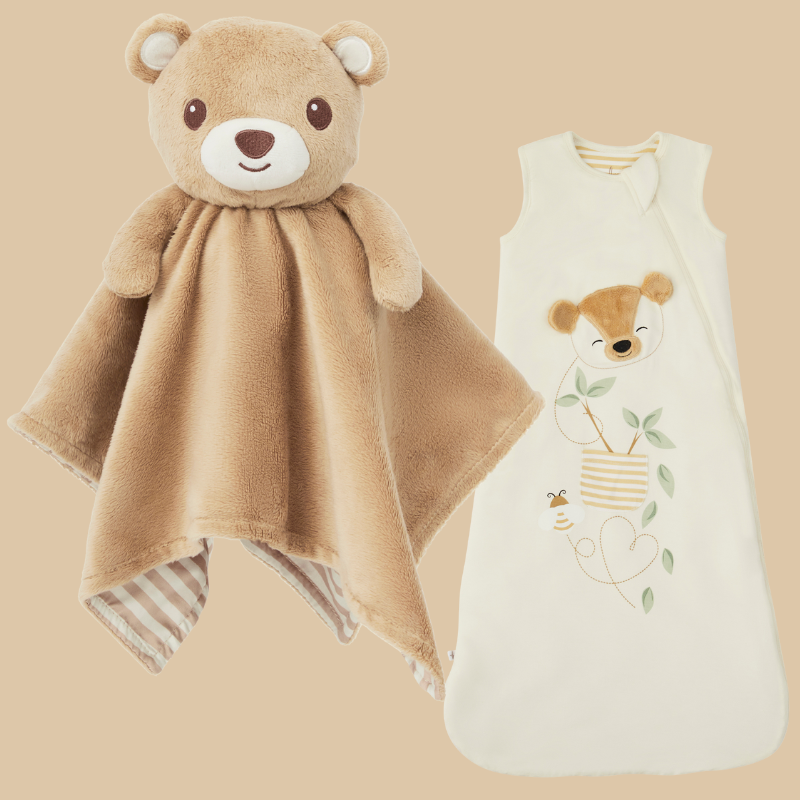 An image of the Zelkii teddy-bear Collection: on the left is the 'awake'  teddy-bear LuviDuvi lovey, and on the right is the  bamboo sleep sack with a teddy-bear.
