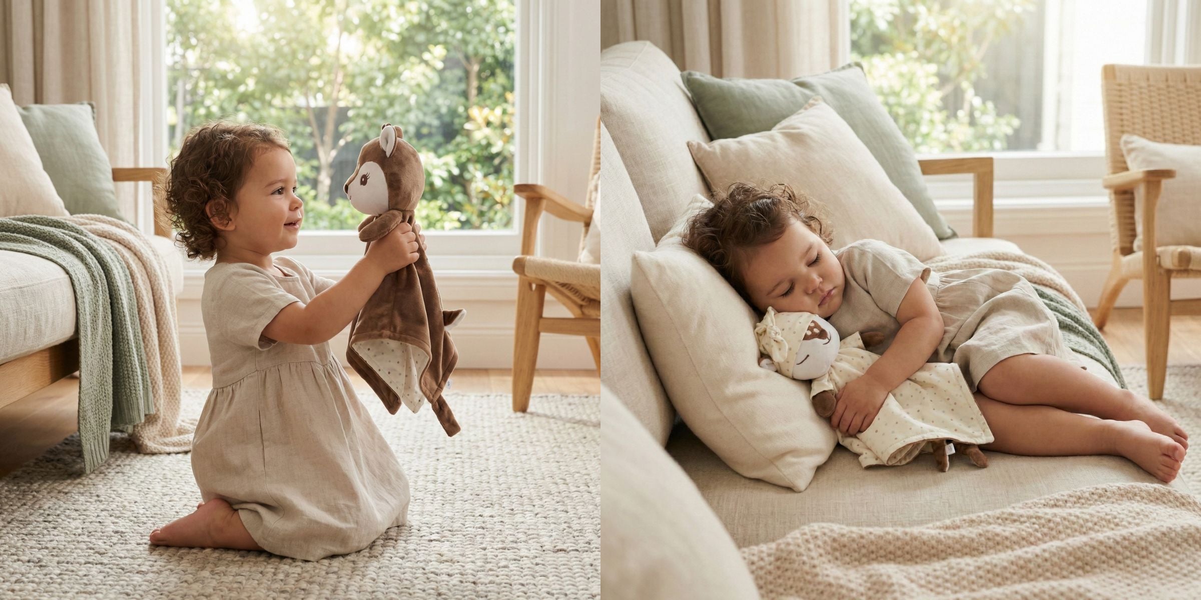 Baby sitting on nursery floor cuddling the reversible LuviDuvi™ lovey, showing daytime and nighttime comfort sides for soothing routines