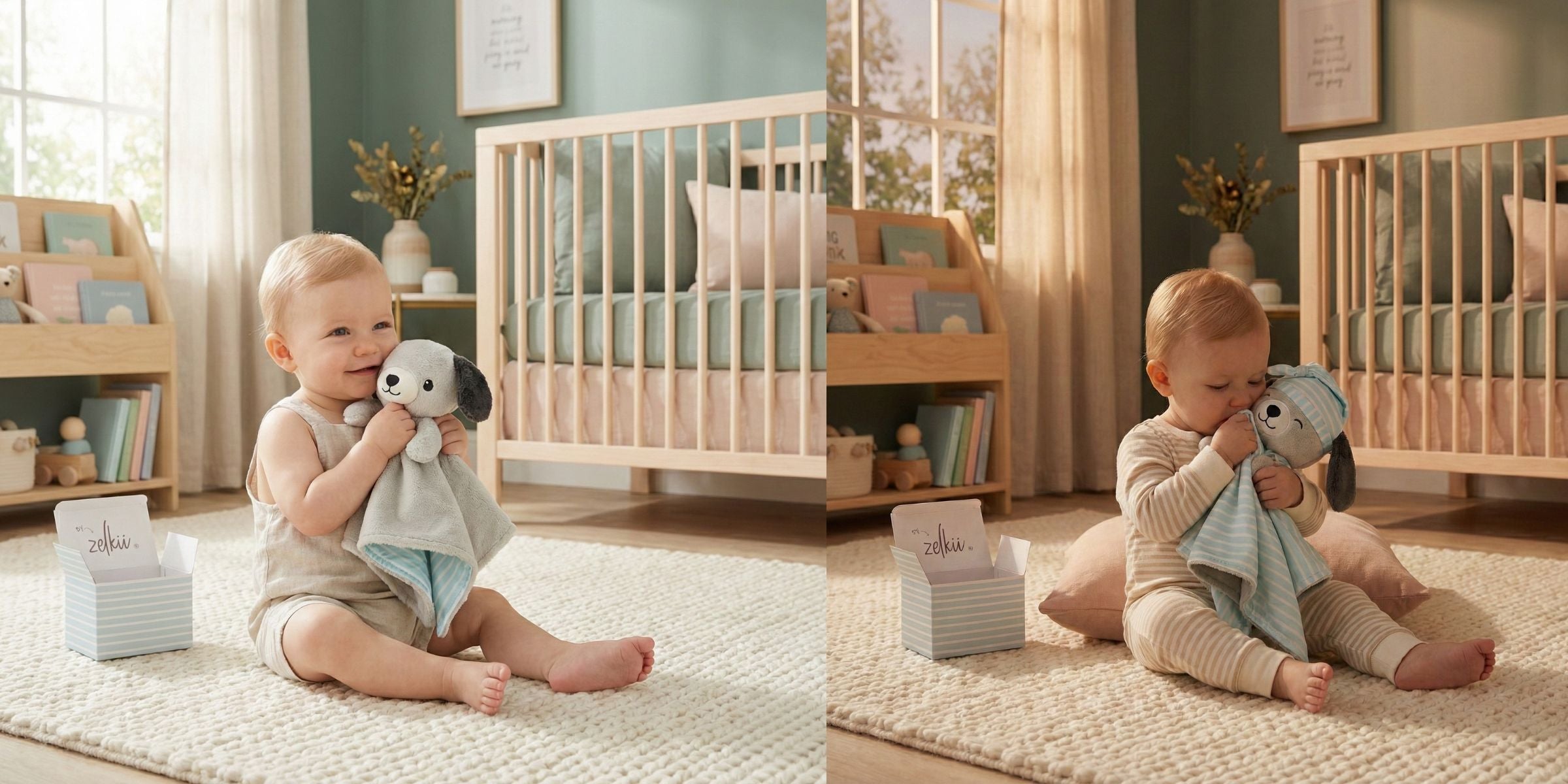 Baby sitting on nursery floor cuddling the reversible LuviDuvi™ lovey, showing daytime and nighttime comfort sides for soothing routines