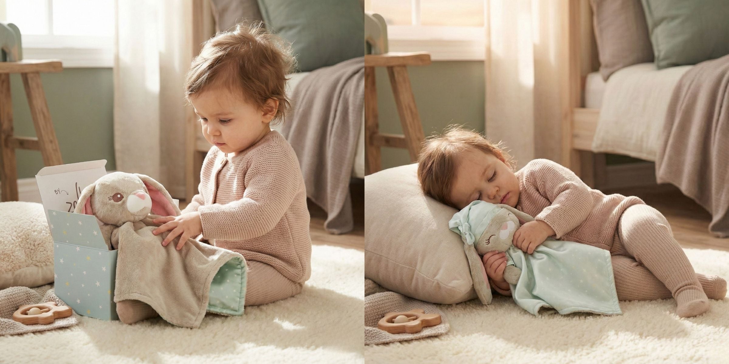 Baby sitting on nursery floor cuddling the reversible LuviDuvi™ lovey, showing daytime and nighttime comfort sides for soothing routines