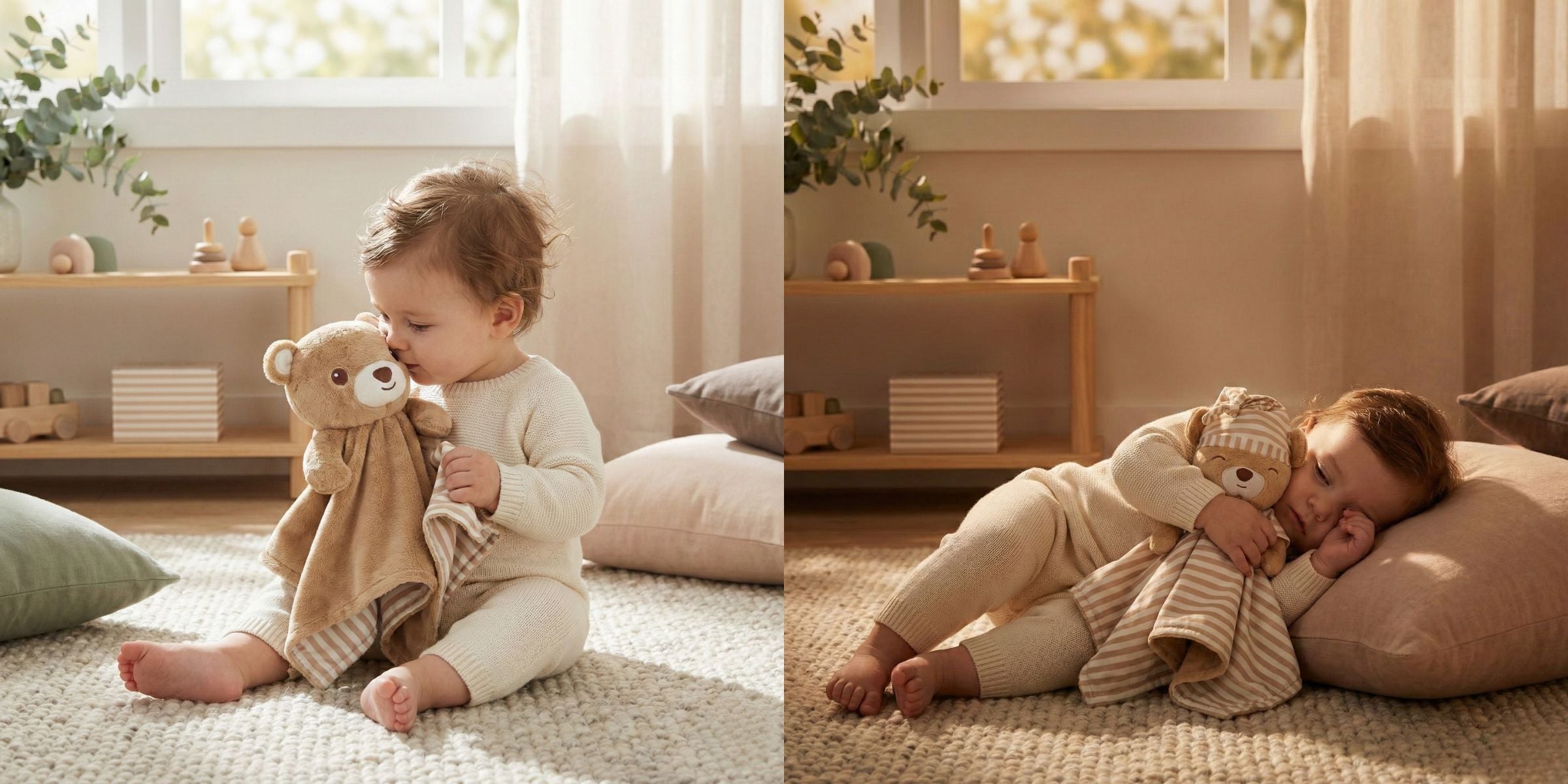 Baby sitting on nursery floor cuddling the reversible LuviDuvi™ lovey, showing daytime and nighttime comfort sides for soothing routines