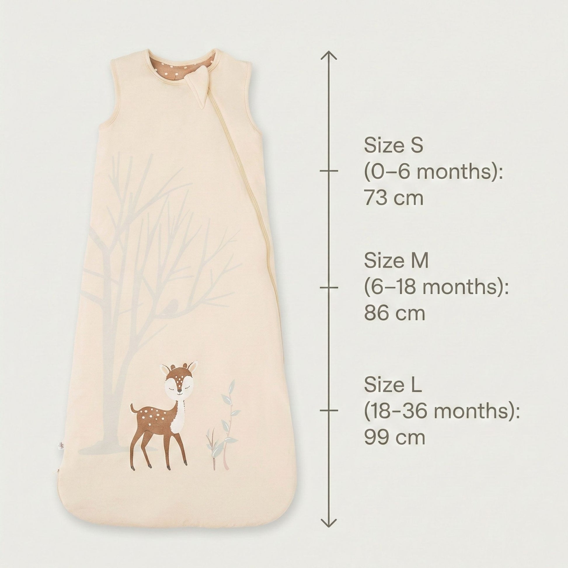 Zelkii® baby sleep sack size and fit chart showing total length measurements. Size S (0–6 months) measures 73 cm, Size M (6–18 months) measures 86 cm, and Size L (18–36 months) measures 99 cm, displayed alongside a cream sleep sack with fawn illustration.