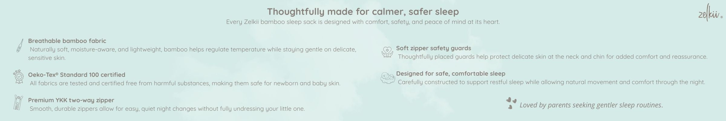 Zelkii bamboo sleep sack features showing breathable bamboo fabric, safety certifications, YKK two-way zipper, and gentle zipper guards designed for calm, comfortable sleep