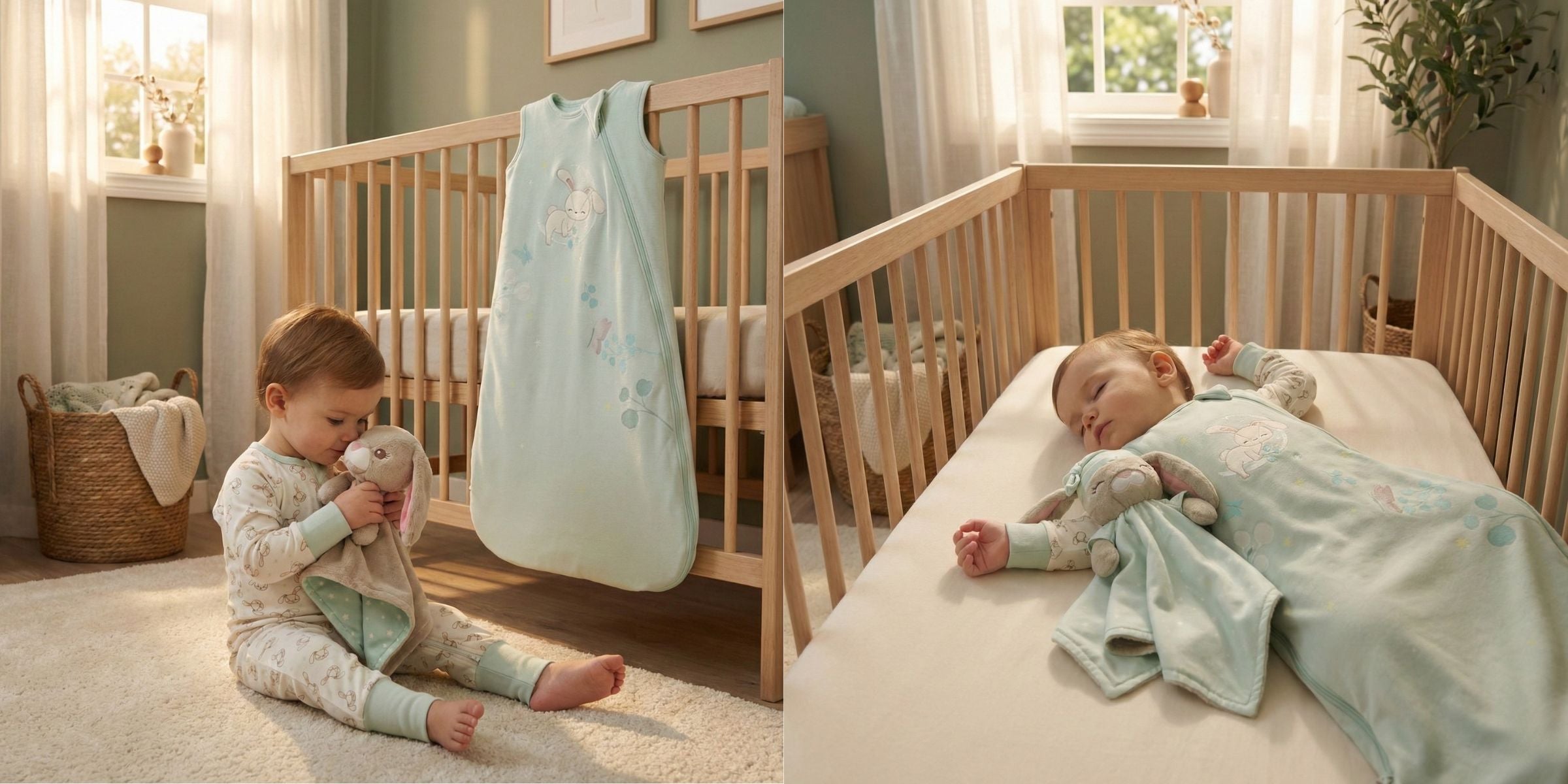 Toddler cuddling Zelkii® Bunny LuviDuvi™ lovey during playtime and sleeping peacefully in matching bamboo sleep sack inside a wooden cot.