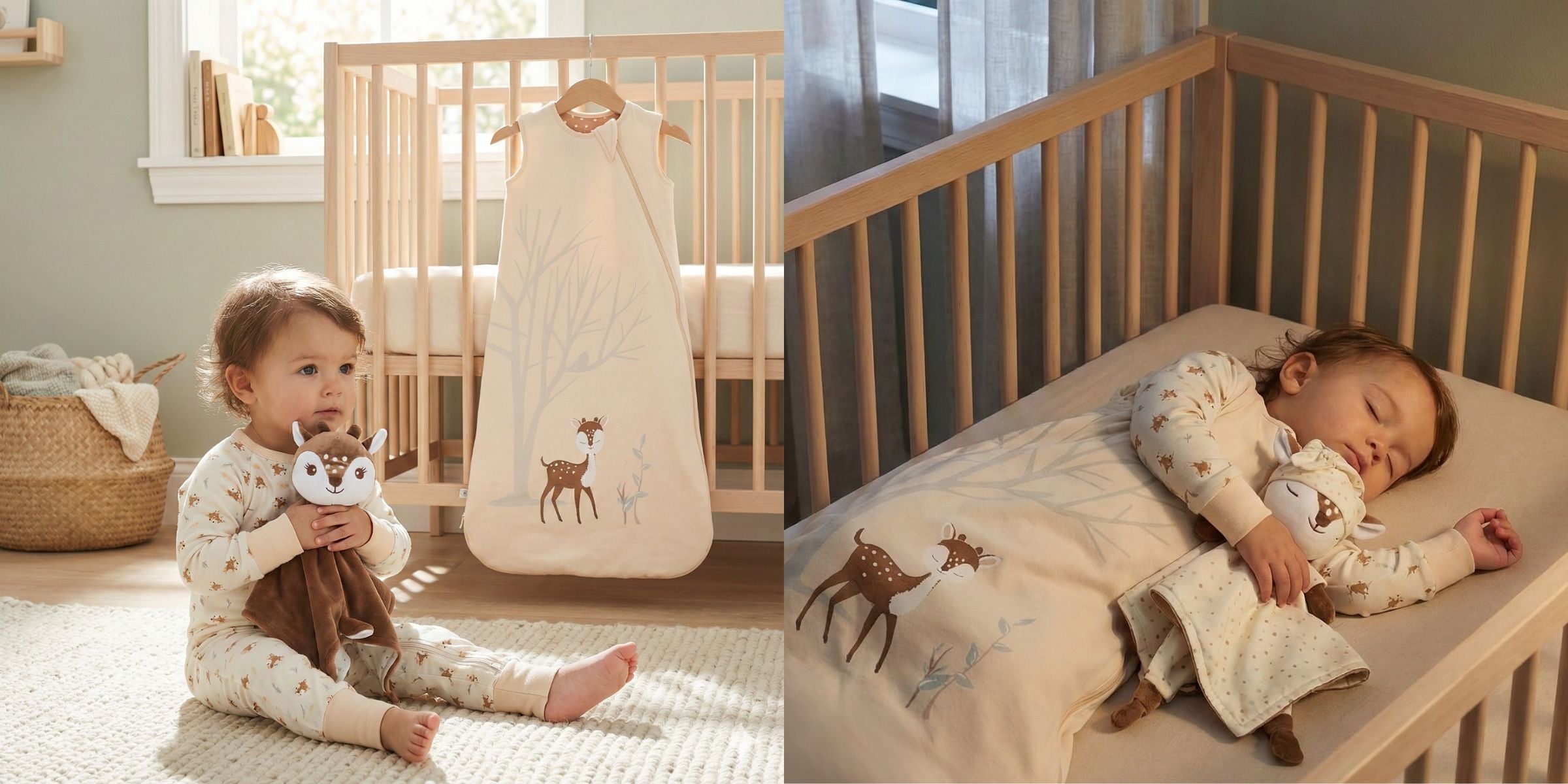 Toddler holding Zelkii® Fawn LuviDuvi™ lovey during playtime and sleeping peacefully in matching bamboo sleep sack inside a wooden cot.
