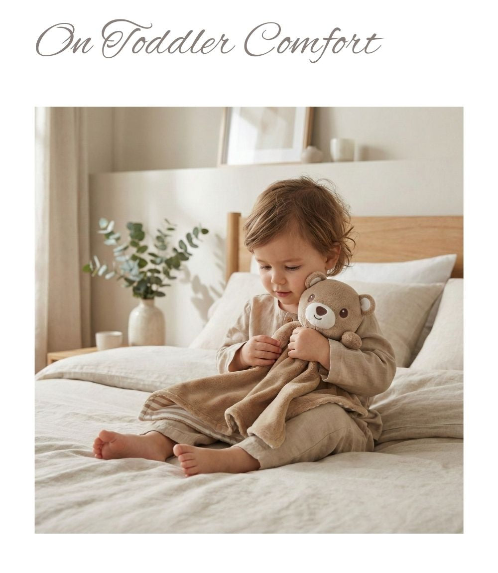 Toddler sitting on a bed holding a soft comfort toy in a calm, neutral bedroom