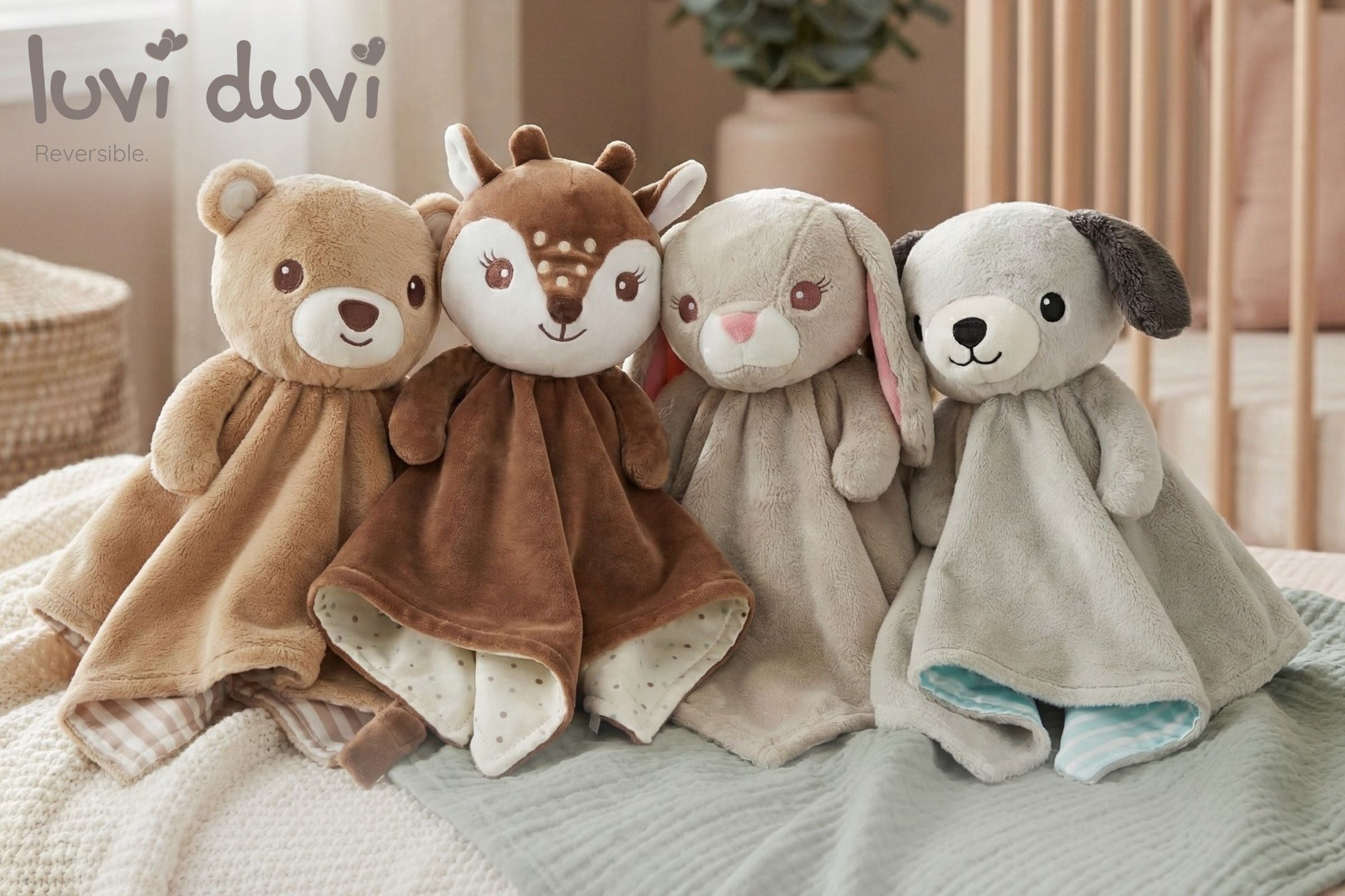 Four LuviDuvi™ reversible loveys—Teddy, Fawn, Bunny, and Puppy—lined up together, showing their soft fabrics and gentle character designs.