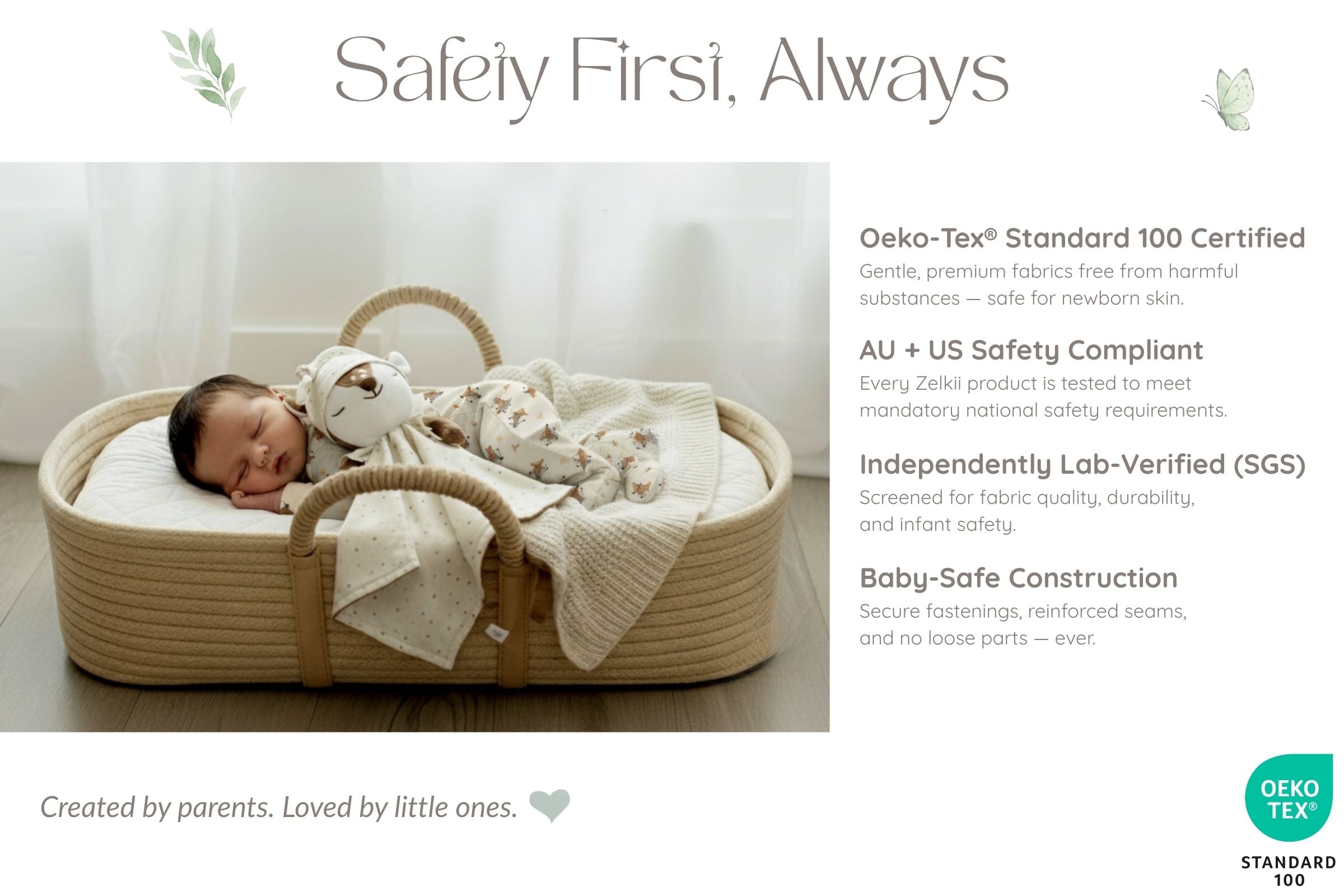 Newborn baby sleeping in beige Moses basket wearing bamboo pajamas with luviduvi comforter, Oeko-Tex certified by zelkii.