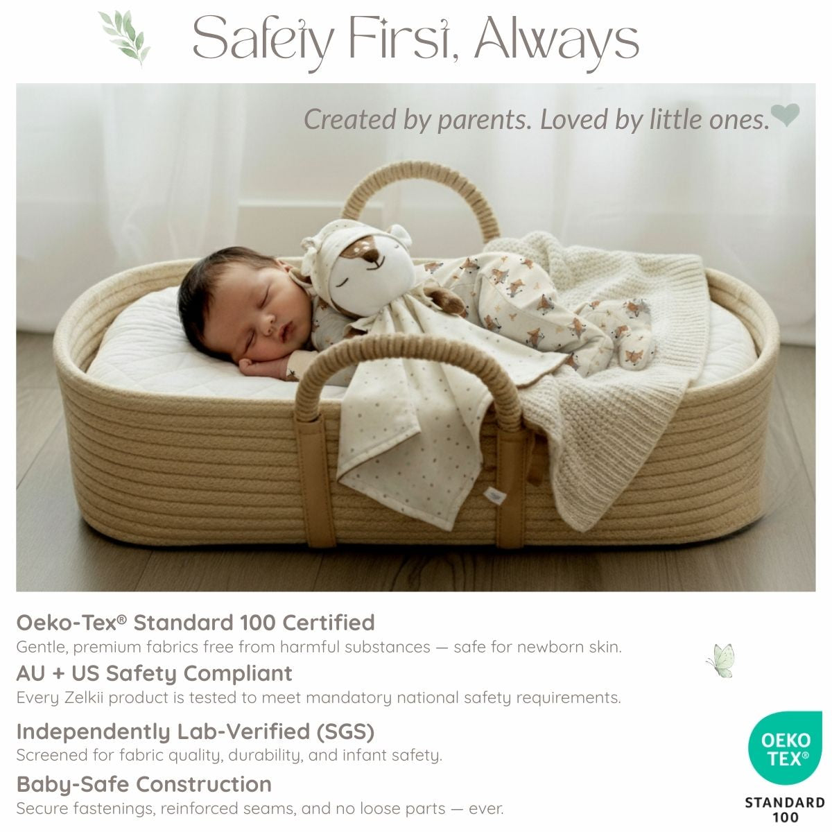 Newborn baby sleeping in beige Moses basket wearing bamboo pajamas with luviduvi comforter, Oeko-Tex certified by zelkii.