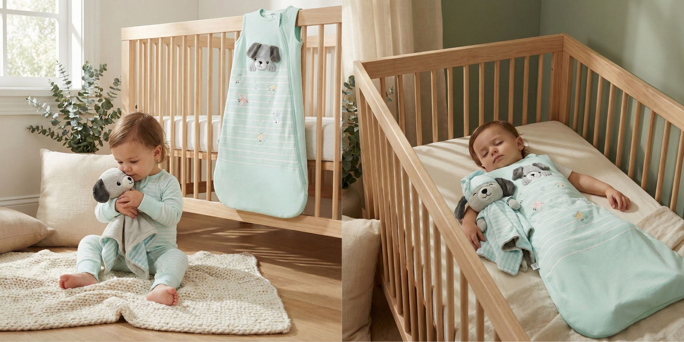 Toddler with Zelkii® Puppy bamboo sleep sack and matching LuviDuvi™ lovey, shown during playtime and resting calmly in a cot for bedtime comfort.