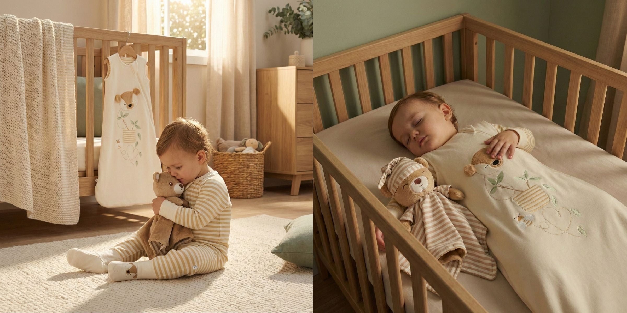 Toddler cuddling Zelkii® Teddy LuviDuvi™ lovey during playtime and sleeping peacefully in matching bamboo sleep sack inside a wooden cot.