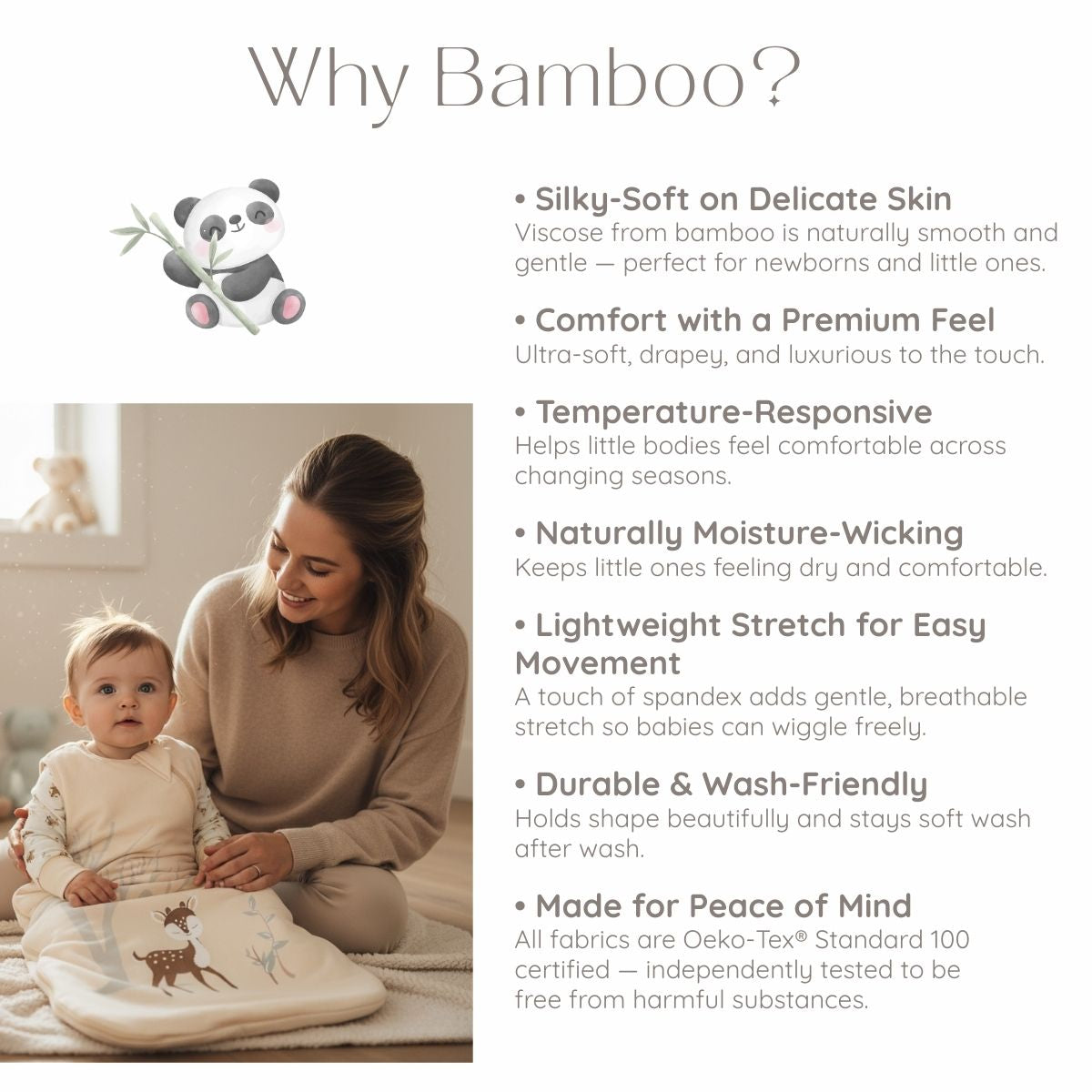 Mother sitting with her baby in a bamboo sleep sack, smiling together indoors. Text beside them reads “Why Bamboo?” along with benefits: silky-soft on delicate skin, premium comfort, temperature-responsive, moisture-wicking, lightweight stretch, durable and wash-friendly, and Oeko-Tex Standard 100 certified for peace of mind. A small panda illustration sits near the heading.
