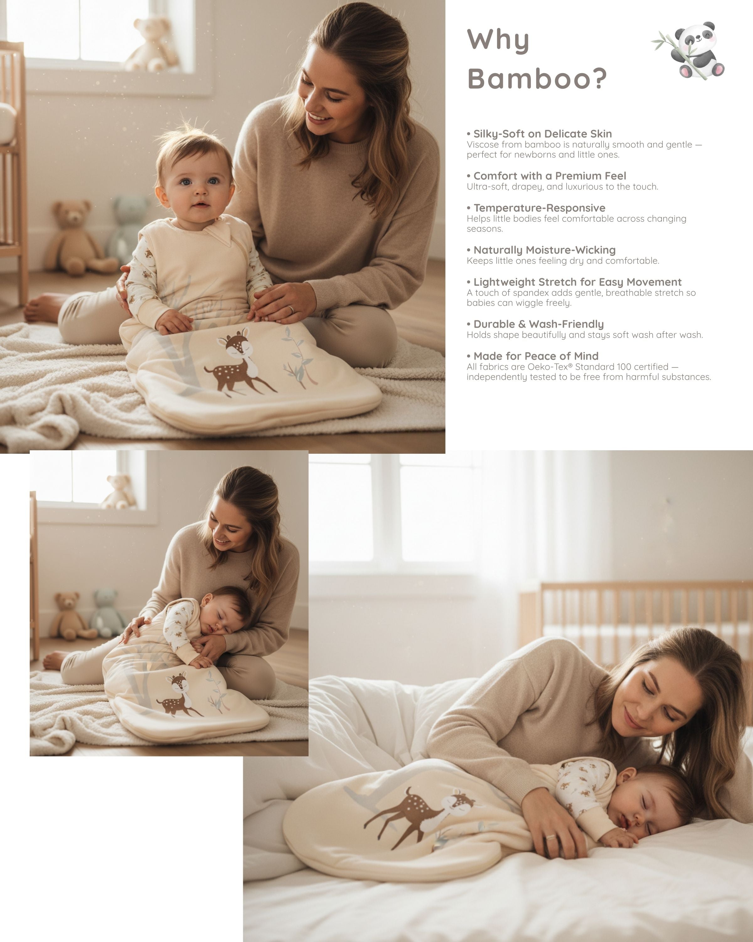 Mother sitting with her baby in a bamboo sleep sack, smiling together in a soft, neutral nursery. Beside them, text explains the benefits of bamboo fabric, including softness, premium comfort, temperature-responsiveness, moisture-wicking, stretch, durability, and Oeko-Tex Standard 100 safety. Below, additional images show the mother comforting her baby and cuddling during bedtime in the same bamboo sleep sack. A small panda illustration decorates the heading.