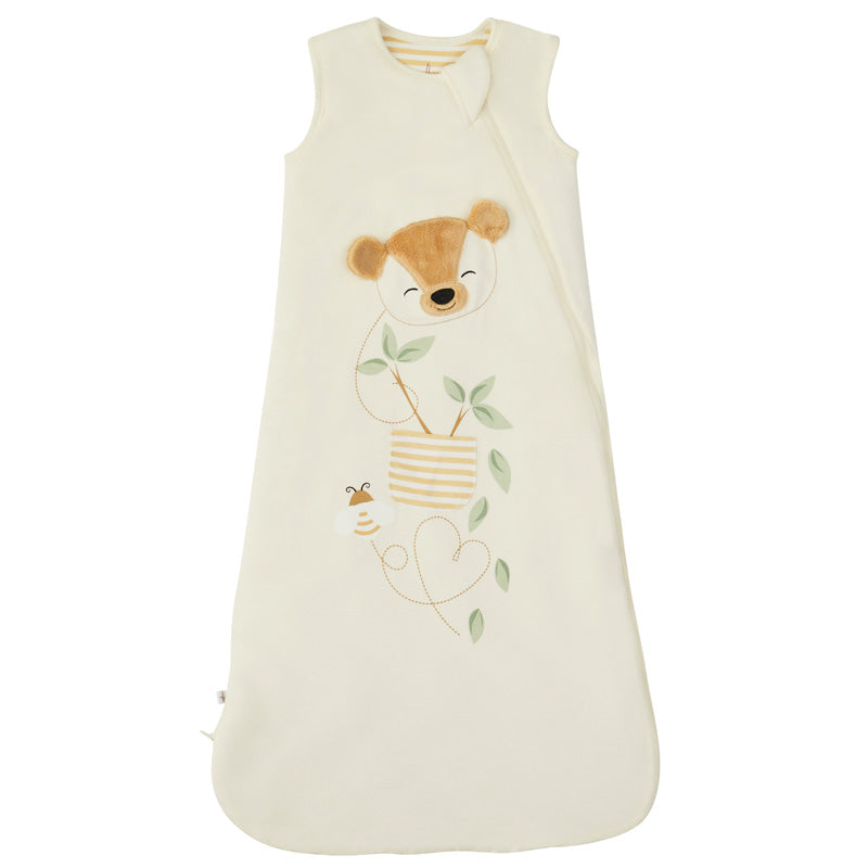Zelkii  bamboo sleep sack for baby or toddler in cream with a teddy bear and bumblebee design