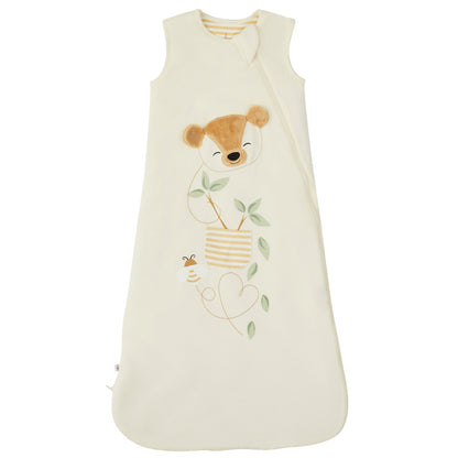 Zelkii  bamboo sleep sack for baby or toddler in cream with a teddy bear and bumblebee design