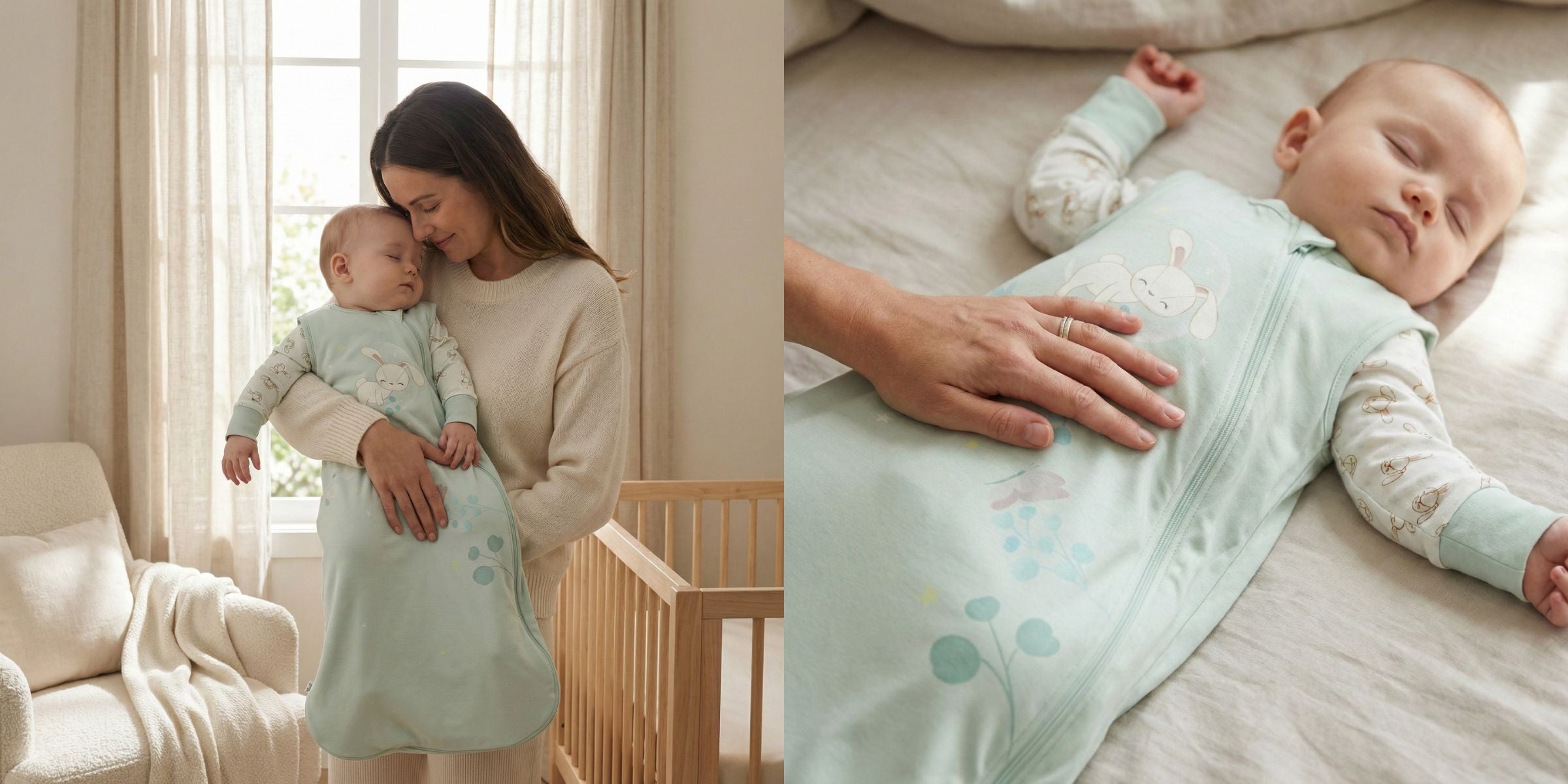 Mother holding sleeping baby in Zelkii bunny sleep sack while gently settling baby in a soft, sunlit nursery