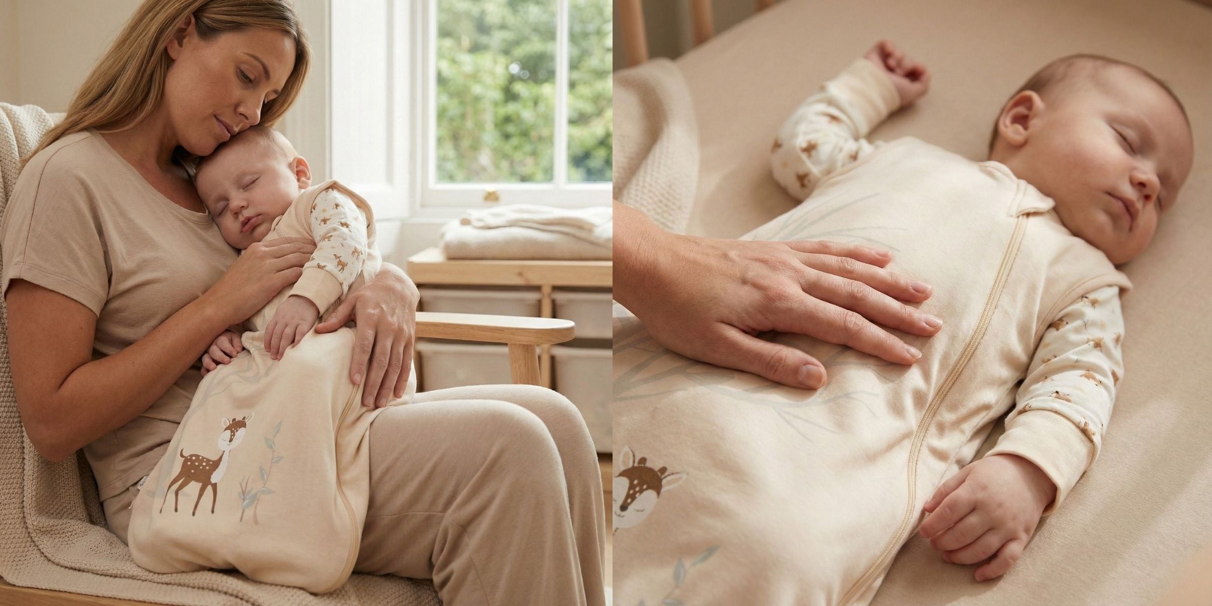 Mother holding sleeping baby in Zelkii fawn sleep sack with matching pyjamas, resting in a calm, sunlit nursery