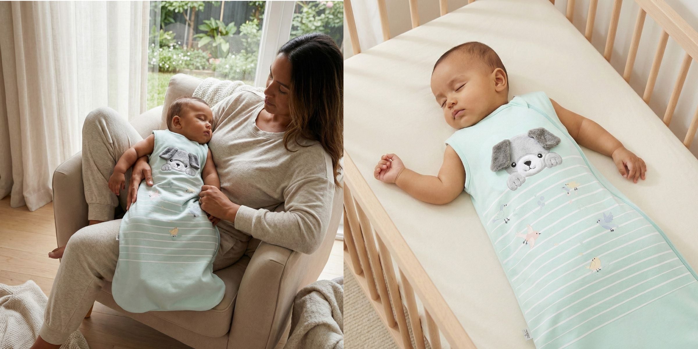 Mother holding sleeping baby in Zelkii puppy sleep sack, alongside baby resting peacefully in cot in a light-filled nursery
