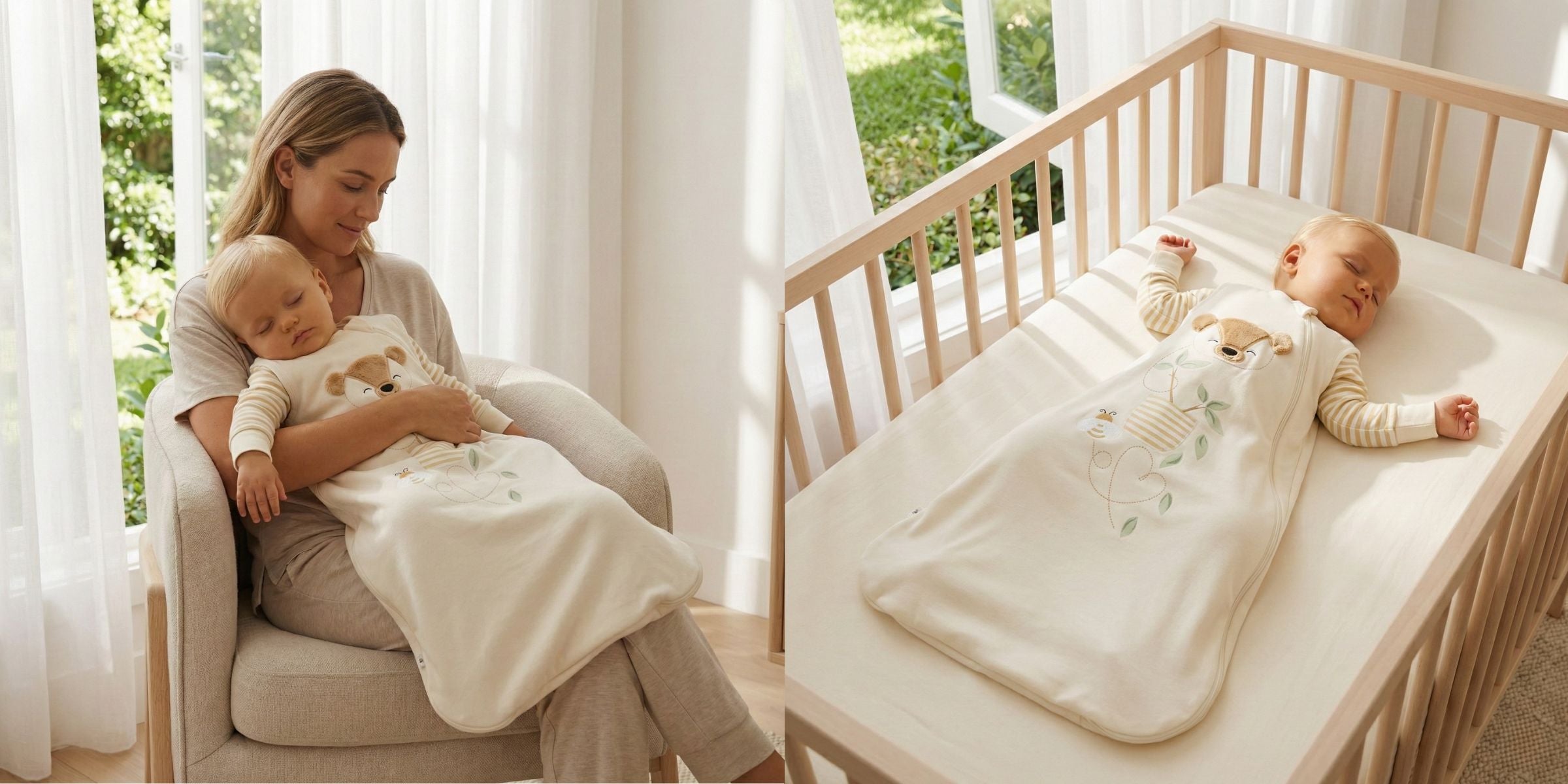 Mother holding sleeping baby in Zelkii teddy sleep sack, alongside baby resting peacefully in cot in a sunlit nursery
