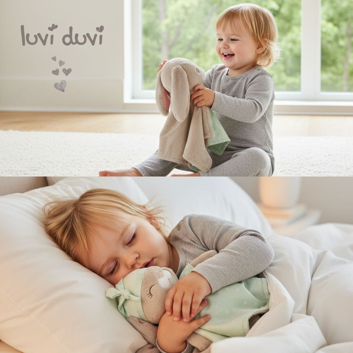 A toddler playing happily with a soft bunny LuviDuvi lovey during the day, followed by the same child peacefully asleep in bed cuddling the nighttime LuviDuvi. Gentle, nurturing imagery showing the lovey as a comforting companion from playtime to bedtime.