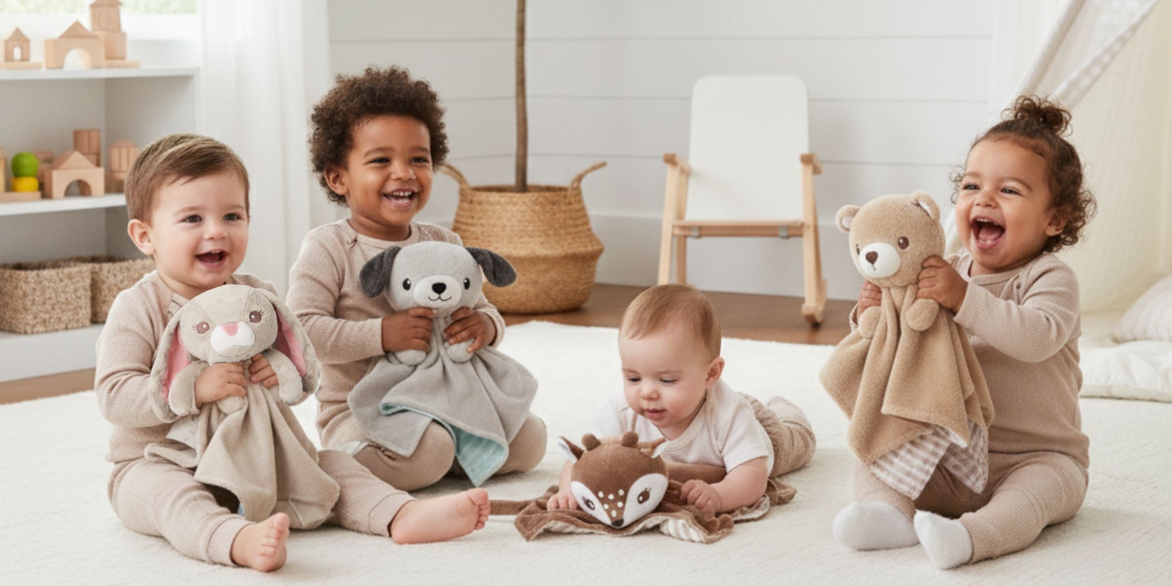 Diverse group of happy babies and toddlers sitting together, each holding a luviduvi animal comforter or soft lovie toy.