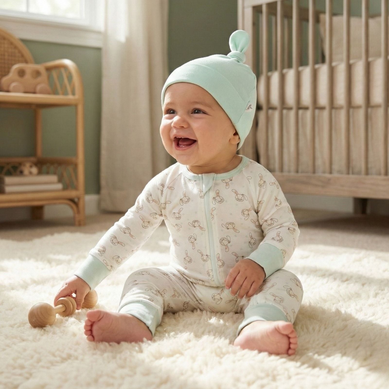 Smiling baby sitting on a nursery rug wearing Zelkii® bamboo pajamas and matching beanie in soft natural light.