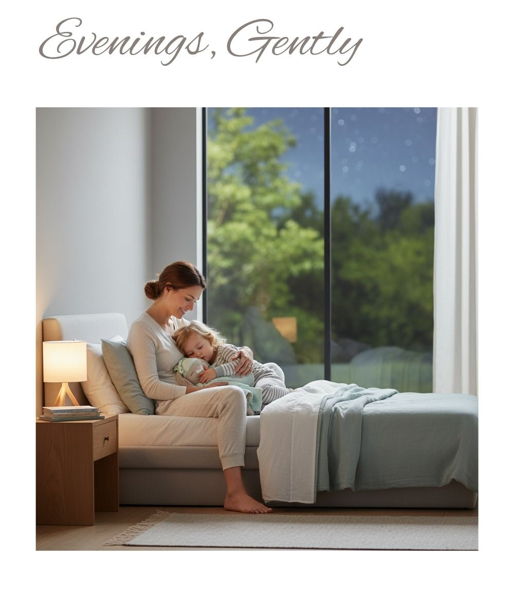 Parent holding a resting toddler on a bed beside a softly lit window at dusk.