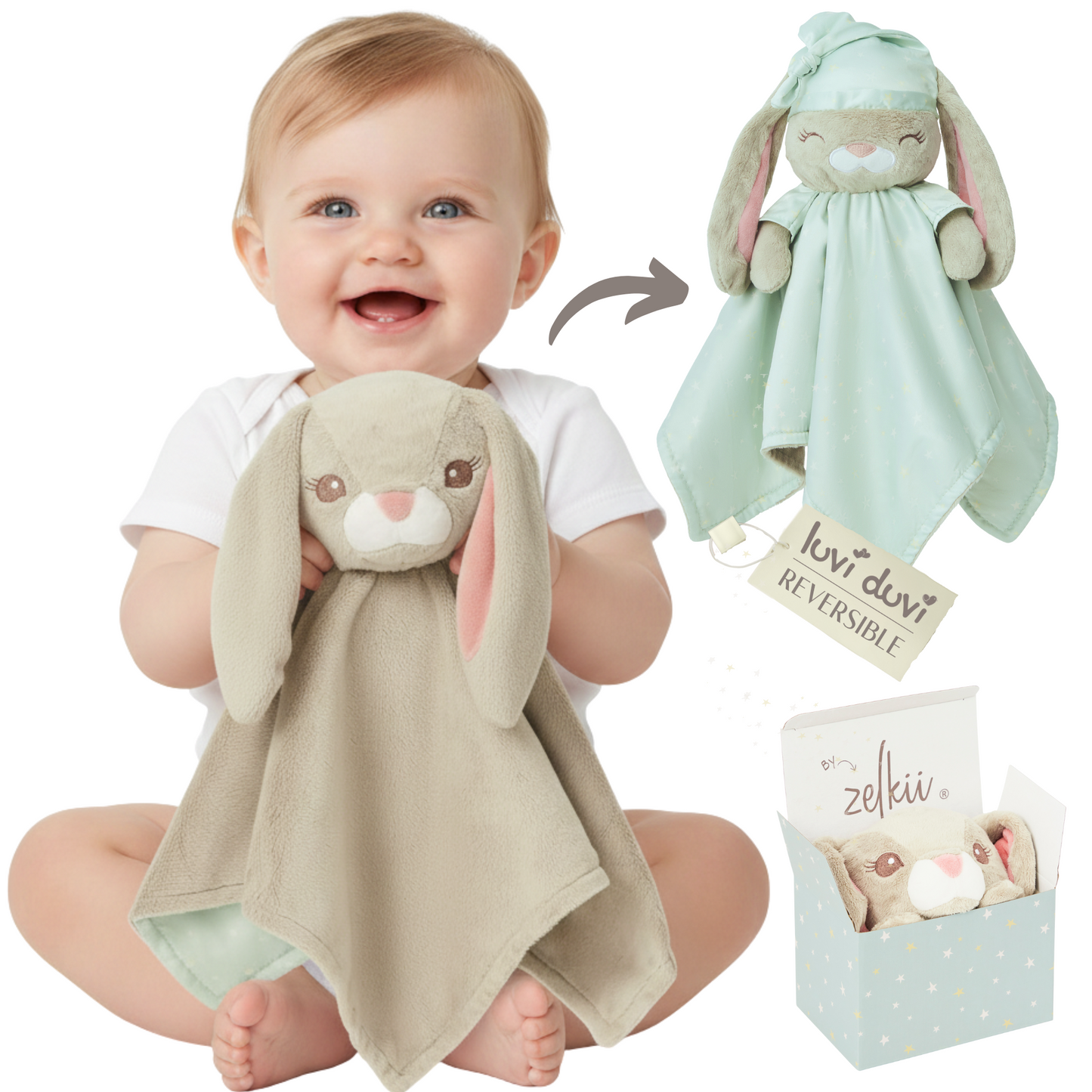 Smiling baby holding a soft Zelkii bunny LuviDuvi lovey, with images showing its reversible striped side and its Zelkii gift box.