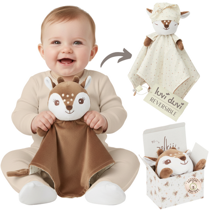 Smiling baby holding a soft Zelkii fawn LuviDuvi lovey, with images showing its reversible striped side and its Zelkii gift box.