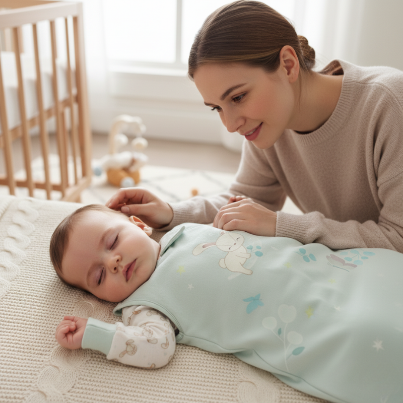 A sleeping baby in a Zelkii bunny sleep sack being gently stroked by its mother in a nursery.