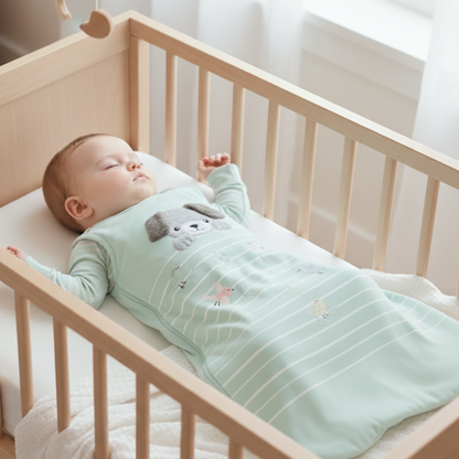 Lifestyle image of a baby sleeping in a crib, wearing a Zelkii long-sleeve puppy bamboo sleep sack.