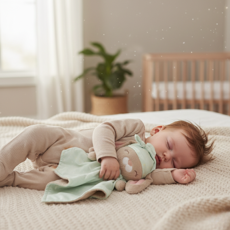 A baby sleeping on a bed while holding the 'asleep' side of a Zelkii mint green bunny LuviDuvi lovey.