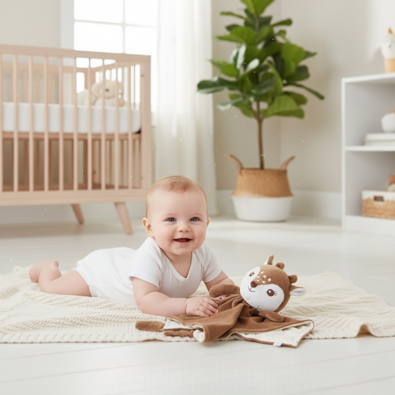 A smiling baby lies on its tummy on a rug, next to the 'awake' side of a Zelkii brown fawn LuviDuvi lovey.