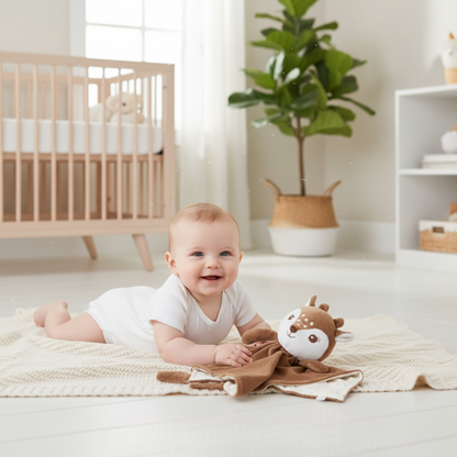 A smiling baby lies on its tummy on a rug, next to the 'awake' side of a Zelkii brown fawn LuviDuvi lovey.
