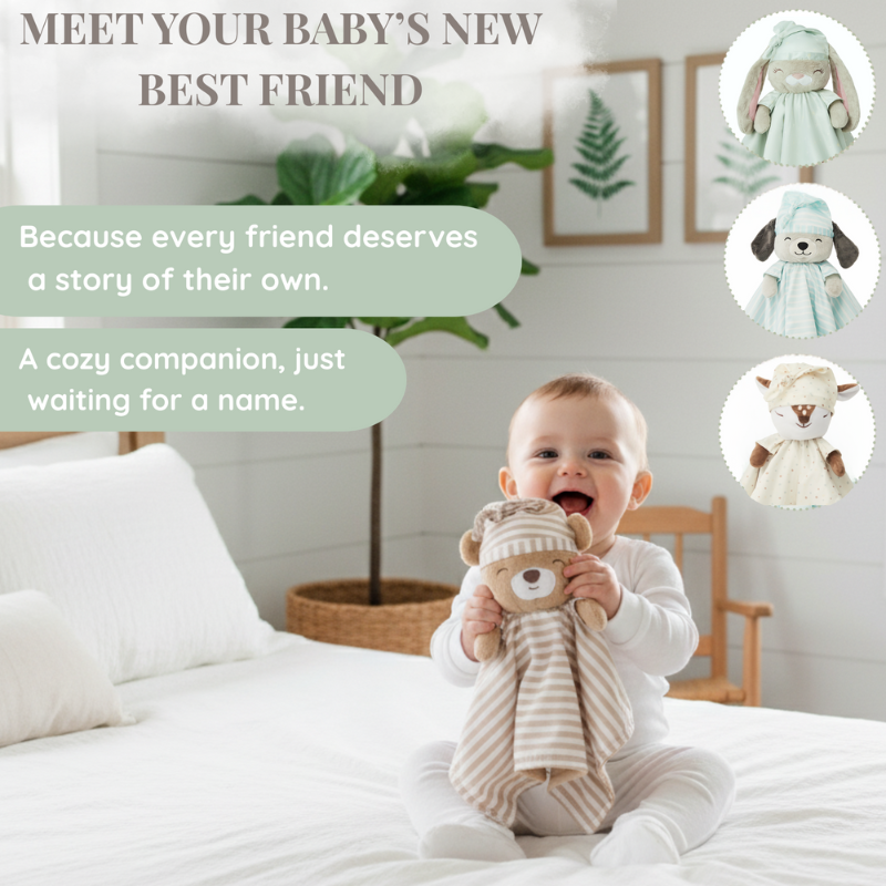 A happy baby holding the 'asleep' Zelkii teddy bear LuviDuvi, with text 'Meet your baby's new best friend' and thumbnail images of the 'asleep' bunny, puppy, and fawn LuviDuvi