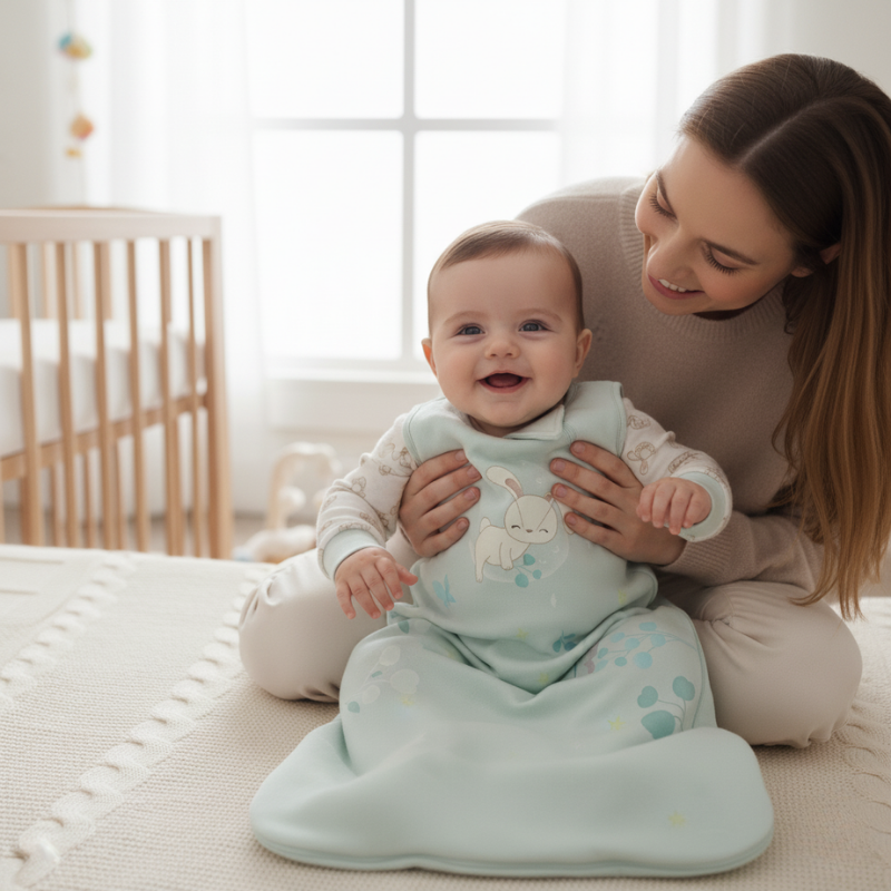 A smiling mother sits on the floor holding up her laughing baby, who is wearing a Zelkii mint green bunny sleep sack.