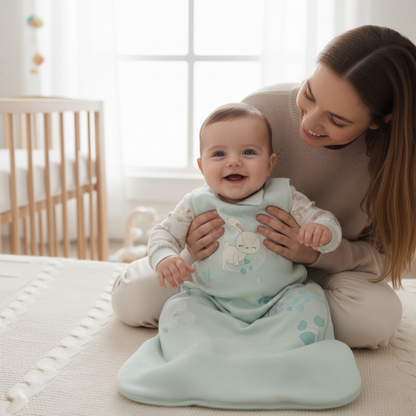 A smiling mother sits on the floor holding up her laughing baby, who is wearing a Zelkii mint green bunny sleep sack.