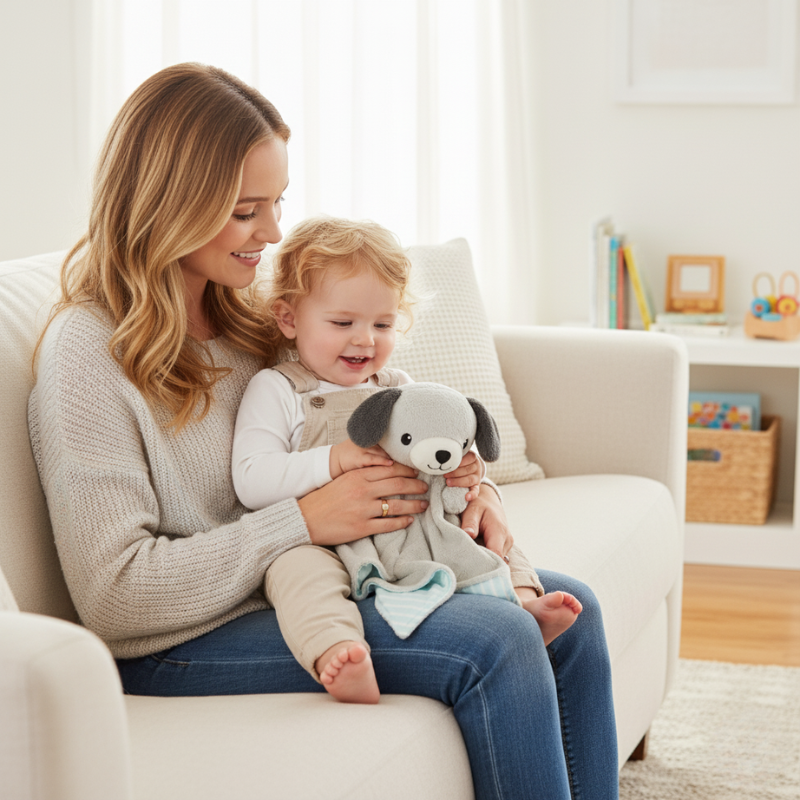 "Lifestyle image of a Zelkii puppy LuviDuvi lovey, held by a happy toddler sitting on its mother's lap on a white sofa.
