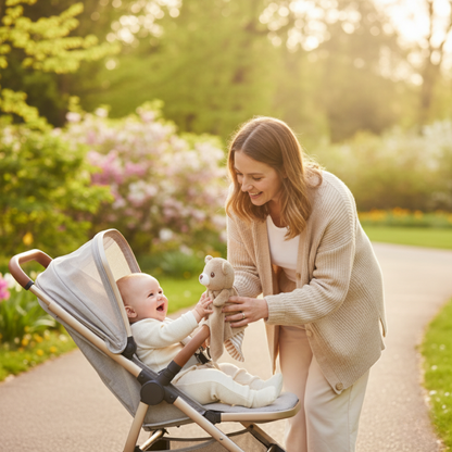 A baby in a pram reaches for the 'awake' side of a Zelkii teddy bear LuviDuvi comforter held by its mother on a park path.