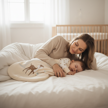 Lifestyle image of a baby sleeping peacefully in the Zelkii fawn bamboo sleep sack, with its mother watching over it on a bed.