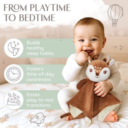 A happy baby with the 'awake' Zelkii fawn LuviDuvi lovey, with icons for 'healthy sleep habits', 'time-of-day awareness', and 'play-to-rest transitions.