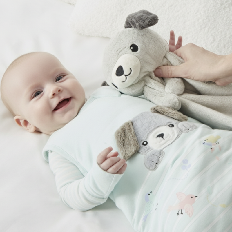 The Zelkii 'Puppy Collection' shown with a smiling baby in a puppy bamboo sleep sack, next to the 'awake' puppy LuviDuvi lovey